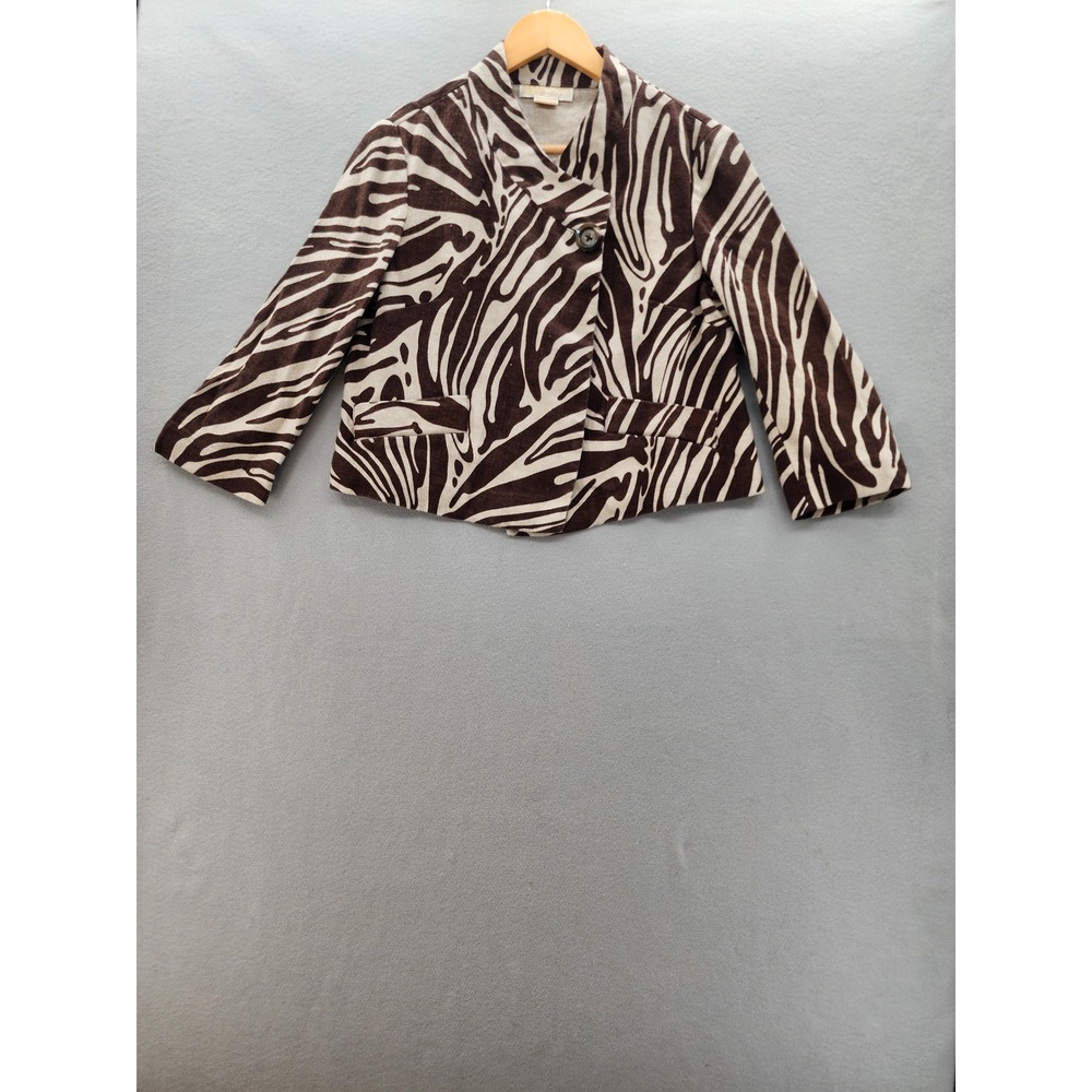 Michael Michael Kors Zebra Print Linen Blazer Brown White Cropped Jacket Size 10